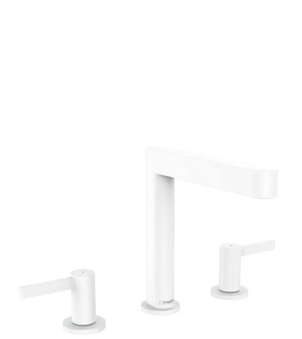 Weißer Waschtischarmatur mit zwei separat angebrachten Hebeln und einem hohen Auslauf. Design von Hansgrohe für eine 3-Loch-Installation mit Push-Open Ablaufgarnitur.